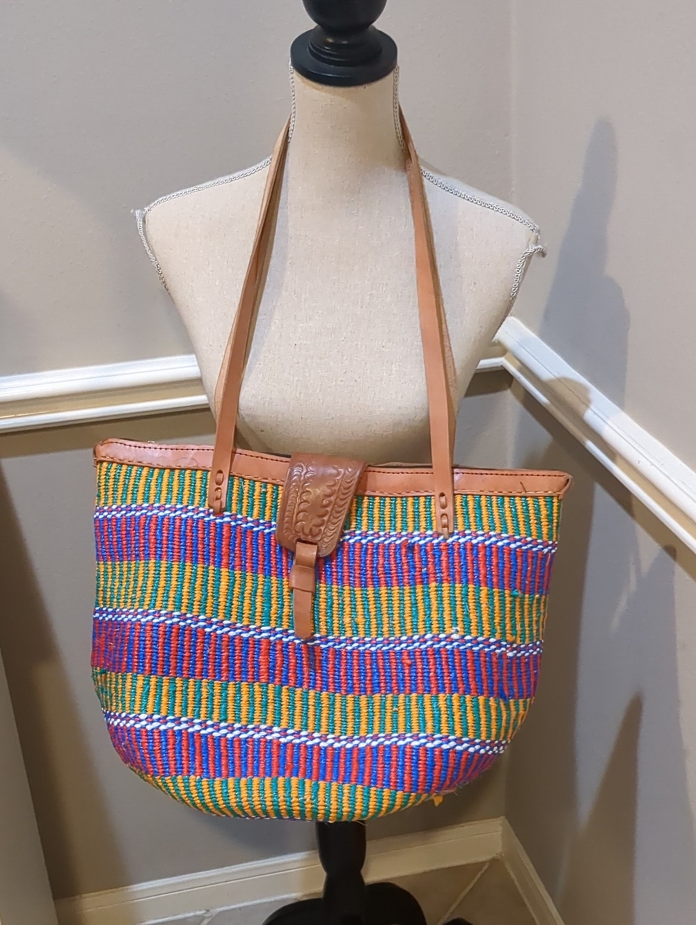 African Sisal And Recycled Manila Plastic Bag- Tote Bag with Leather Trim